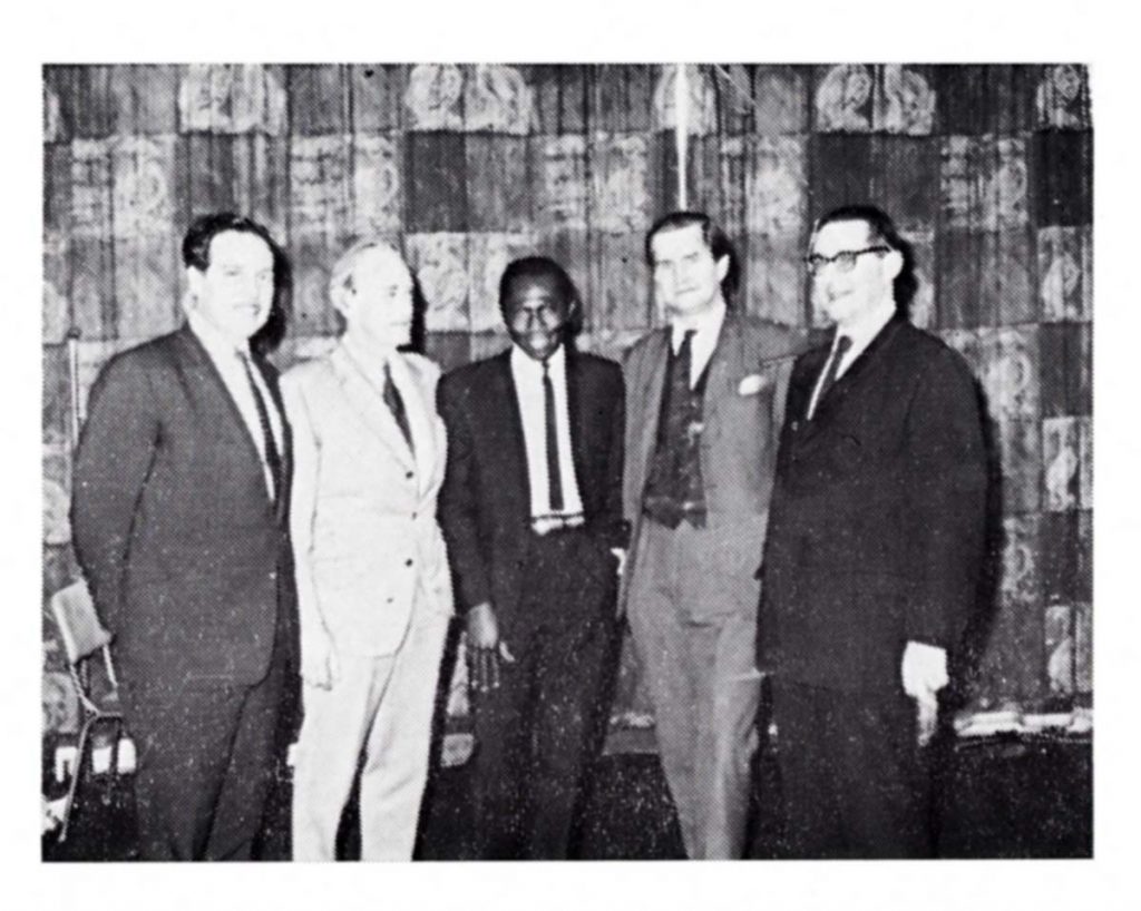 From left to right: Mr. K. Woodward (Secretary), Mr. D. C. D. Kemp (Presi­dent), Mr. Vince G. Nwuga, Mr. Peter Blythe, and Dr. Leonard Cohen.